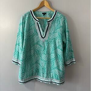 Talbots Paisley Cotton Split 3/4 Sleeve Neckline Tunic Blouse Size 1xP